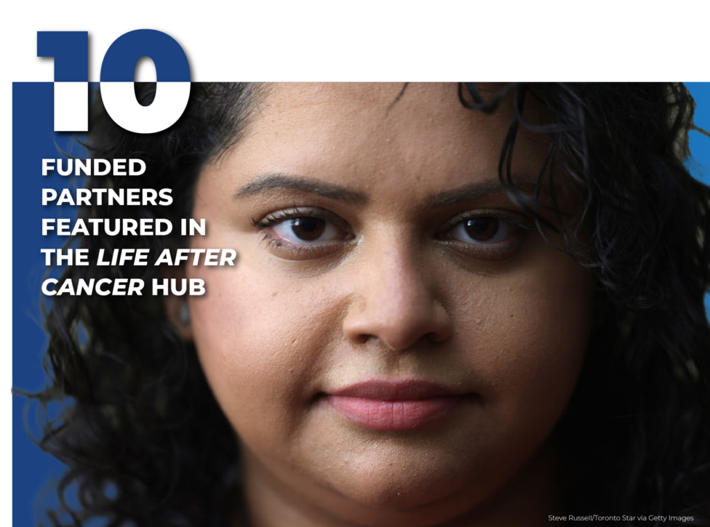 A close-up of the face of Patient Advisor Vinesha Ramasamy looking warm and approachable with a neutral expression, her face is framed by white and dark color blocks. Overlaid text reads '10' in dark blue, with smaller text below stating, Number of funded partners featured in the Life After Cancer hub’.